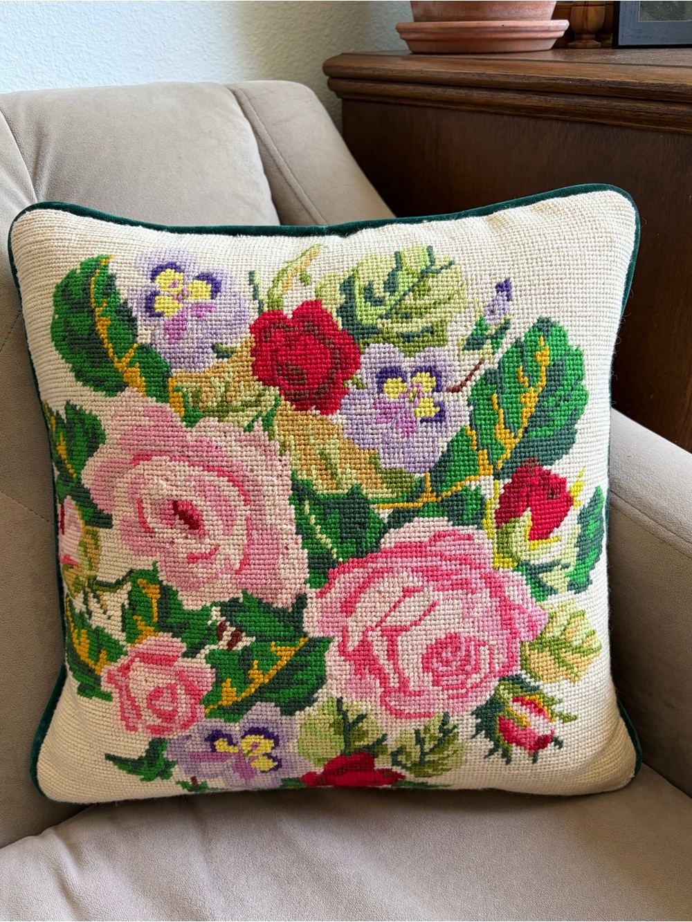 Floral Needlepoint Throw Pillow in Pink and Green - Decorative Home Accent